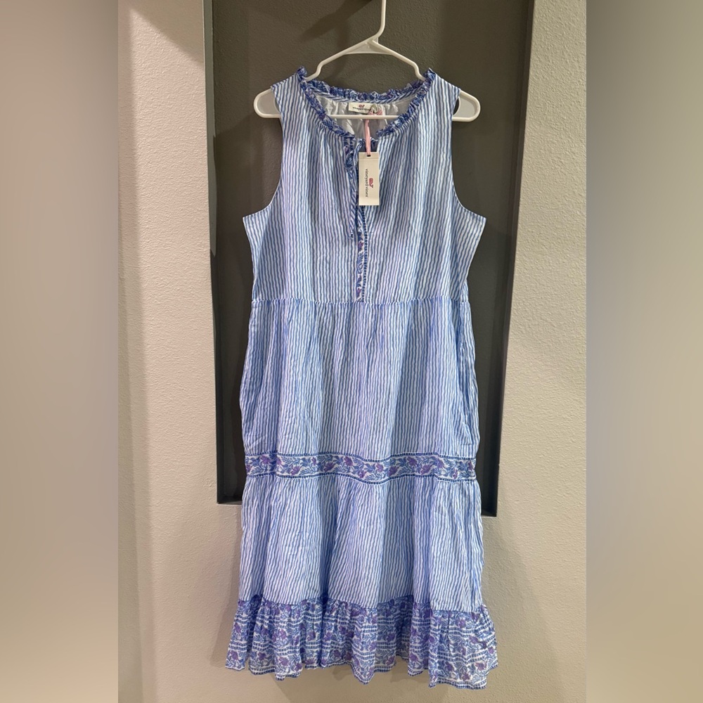 NWT Women's Vineyard Vines border print Bayside blue midi dress! Size large - Picture 2 of 6